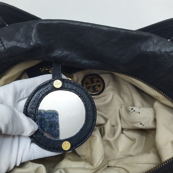 Tory Burch Black Soft Leather Double Handles Satchel Shoulder Bag W/ Mirror - Picture 12 of 16